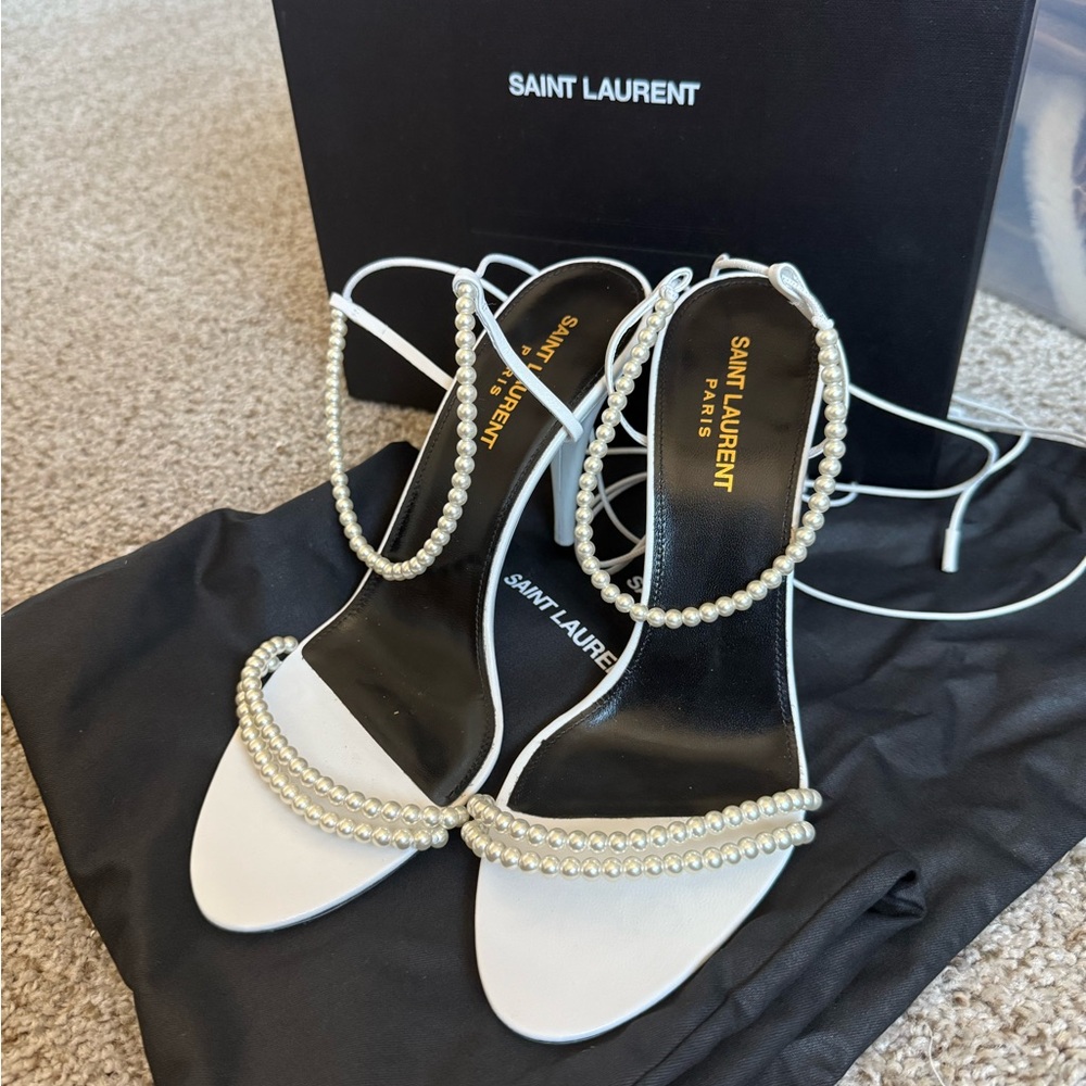 Saint Laurent White Pearl-Embellished Heels